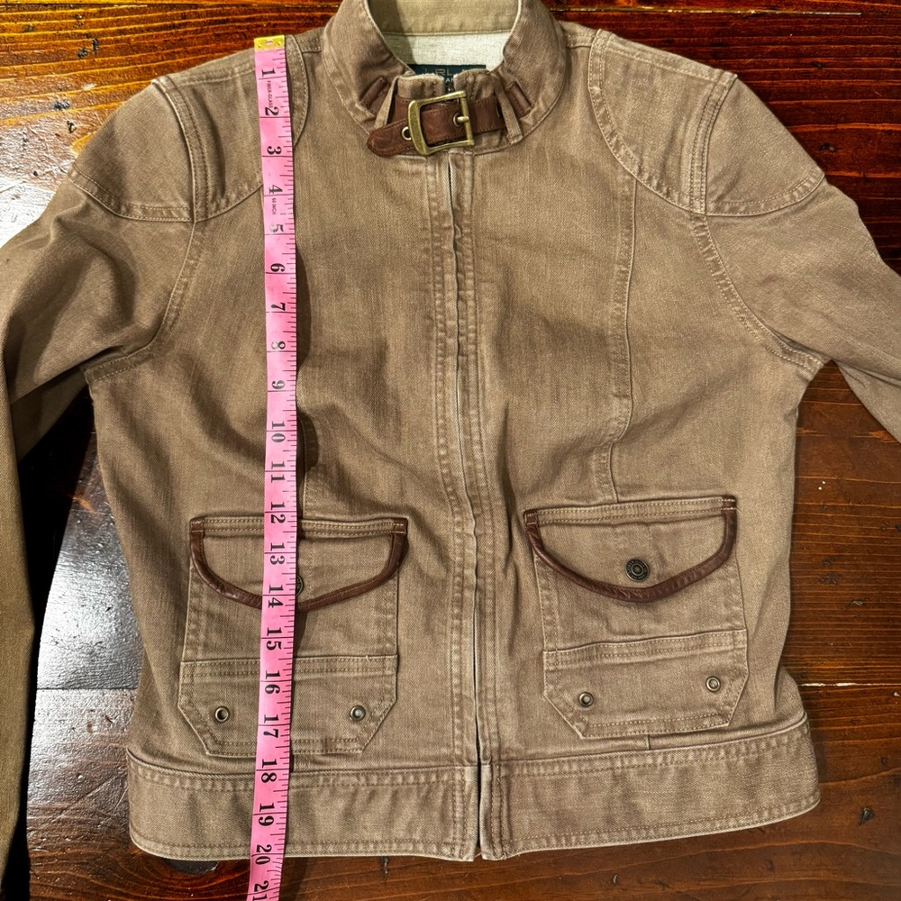 LRL- Ralph Lauren‎ Classic Tan Canvas with Leather Trim Moto Jacket. Size 8 - Picture 5 of 11